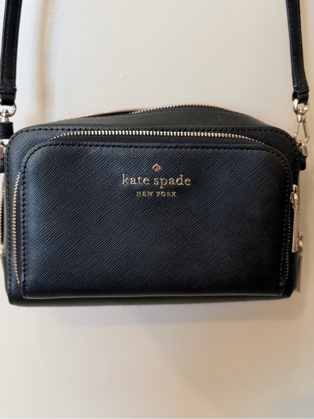 kate spade black Saffiano leather crossbody with gold-tone logo